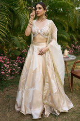 Off White and Golden Orgazna Lehenga with Embellished Beaded Blouse